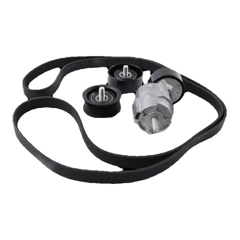 Beat That Noisy Engine Sound With This Heavy Duty Timing Belt Tensioner Pulley Complete Kit Designed For 2006 To 2015 Kia And Hyundai Models With 2.0L And 2.4L Engines Including V Ribbed Idler Roller Aid For Optimal Fit Like New Again. Timing belt tensioner kit with belt, pulleys, and hydraulic tensioner on white background