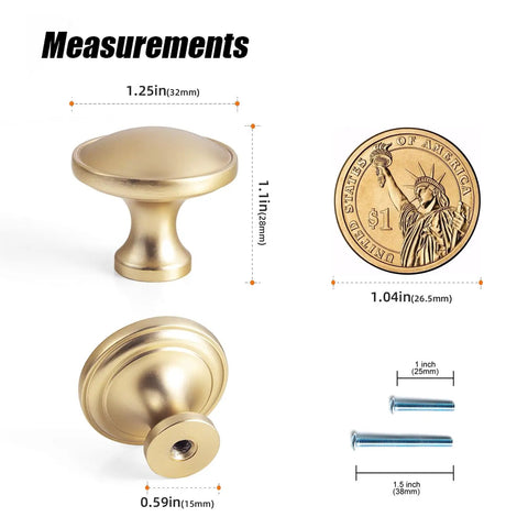 12 Pack Champagne Bronze Cabinet Knobs 1.25 Inch Round Heavy Duty Zinc Alloy Hardware with measurements and screws
