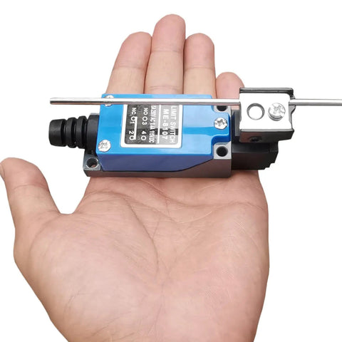 Hand holding a 2 Pack ME-8107 Adjustable Rod Lever Arm Limit Switch 1NC 1NO Momentary Travel Switch For CNC Mills, zinc alloy body