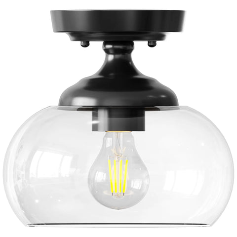 Industrial Semi Flush Mount Ceiling Light With Clear Glass Shade And Matte Black Finish, ideal for modern farmhouse interiors.
