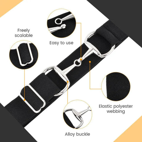 Close-up of 1.5 Inch Elastic Equestrian Belt With Bit Buckle And Leather Key Strap, showing alloy buckle and elastic polyester webbing.