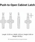 Push To Open Cabinet Latch With Hidden Rebounder Mechanism For Handle Free Doors Includes Screws And Tape For Easy Kitchen And Bedroom Retrofit Smooth Press Pop Open Sleek And Secure Cupboard Upgrade, diagram view with dimensions