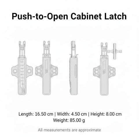 Push To Open Cabinet Latch With Hidden Rebounder Mechanism For Handle Free Doors Includes Screws And Tape For Easy Kitchen And Bedroom Retrofit Smooth Press Pop Open Sleek And Secure Cupboard Upgrade, diagram view with dimensions