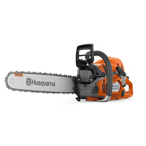 555 Gas Chainsaw With 24 Inch Bar 60cc 4.16 HP X Torq Engine And X Cut Chain side view showing easy start and magnesium crankcase.