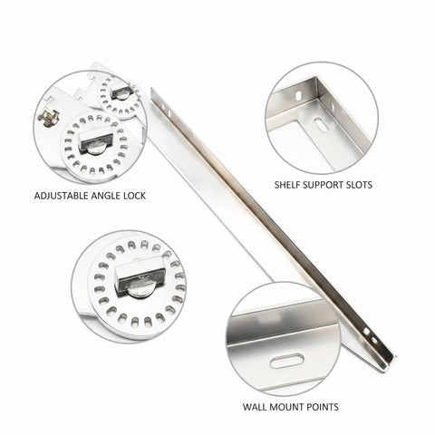 Adjustable Shelf Bracket with beefy stainless steel support showing slotted design for easy vertical height adjustment in cabinets.
