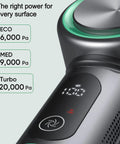 Ultra Lightweight Cordless Stick Vacuum With Hefty 20K Pa Suction showing power settings: Eco 6000 Pa, Med 9000 Pa, Turbo 20000 Pa.
