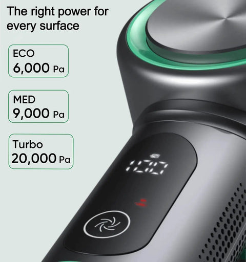 Ultra Lightweight Cordless Stick Vacuum With Hefty 20K Pa Suction showing power settings: Eco 6000 Pa, Med 9000 Pa, Turbo 20000 Pa.