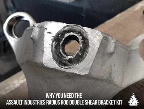 Radius Rod Double-Shear Bracket Kit Pair For Can-Am Maverick X3 XDS XRS 2016 2017 2018 Eliminates Center Knuckle Wear With Beefed-Up Bolts Nylock Nuts And OEM Compatibility, Powder-Coated Black, close-up of worn mount