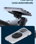 Quad Series Mountain Bike Phone Mount with Quick Lock, showing phone mounted on aluminum handlebar stem, 360° adjustable.