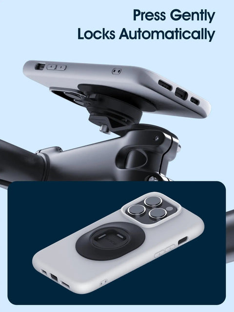 Quad Series Mountain Bike Phone Mount with Quick Lock, showing phone mounted on aluminum handlebar stem, 360° adjustable.