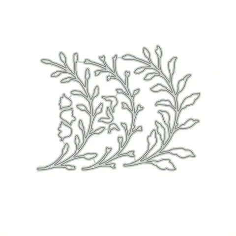 3 Piece Flower Leaf Branches Metal Die Cuts Set for DIY Embossing and Card Making shown in silver metal frame