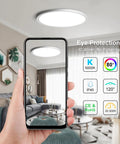 12 Inch Ultra Thin LED Flush Mount Ceiling Light Fixture Daylight White 5000K in modern living room, image reflecting via smartphone