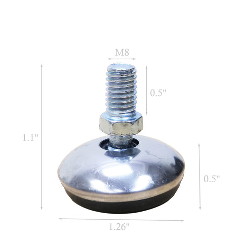 Four Pack Swivel Leveling Feet M8 Thread Adjustable Furniture Glides with steel shell and nylon base for stable support.