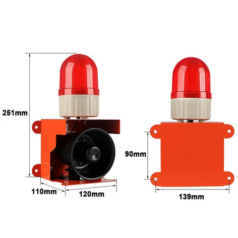 Heavy Duty Sound And Light Alarm Siren With LED Strobe For Factories And Terminals Red 24V 120dB Horn dimensions shown