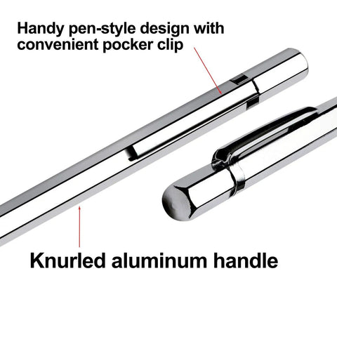 Heavy Duty Tungsten Carbide Tip Scribe Pen For Metal Etching And Engraving On Stainless Steel, Ceramics, Glass, gold welds and metal sheets shown with knurled aluminum handle and pocket clip.