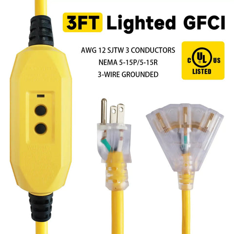 Lighted GFCI Extension Cord With Three Outlets And Grounded Plug, 3 Ft Heavy Duty 12/3 SJTW Yellow Pigtail Cable