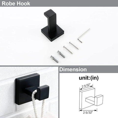Matte Black Bathroom Hardware Kit 4 Piece Stainless Steel Heavy Duty Wall Mounted Robe Hook with screws and dimensions