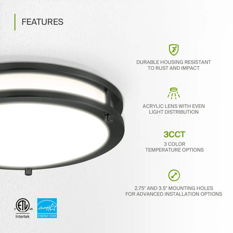 Bright 12 Inch Round Flush Mount LED Ceiling Light With 3 CCT Dimmable Modes, black double ring, features overview