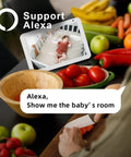 A tablet displaying a baby monitor feed in a kitchen, showcasing 2K Wireless Outdoor Security Cameras Kit With Spotlight And Siren Alarm.