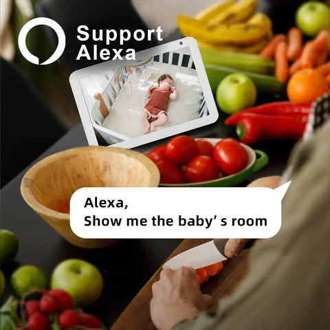 A tablet displaying a baby monitor feed in a kitchen, showcasing 2K Wireless Outdoor Security Cameras Kit With Spotlight And Siren Alarm.
