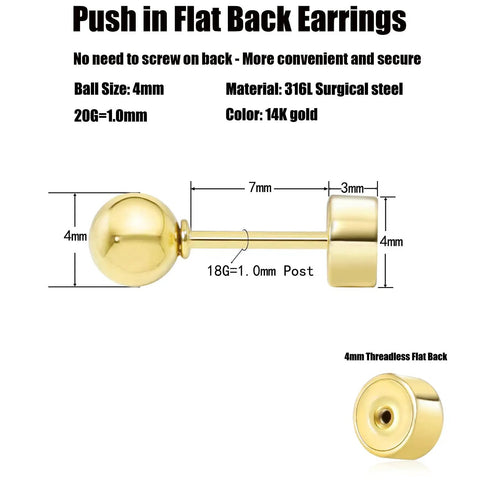 Push In Flat Back 4mm Gold Ball Stud Earrings Hypoallergenic 14K Real Gold Plated Cartilage Helix Tragus Jewelry For Women And Men Easy On Off No Screw Back Everyday Comfort, 4mm threadless flat back