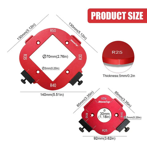 Rock Solid Aluminum Router Corner Radius Jig Set For Woodworking R25 to R50 templates with size and specifications displayed.