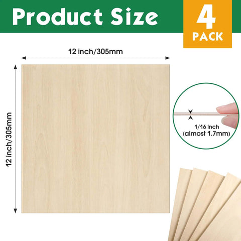 4-pack basswood sheets, 12 x 12 in, 1/16 in thick, unfinished wood for crafts