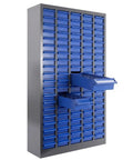 100 Drawer Bolt And Nut Organizer And Tool Storage Cabinet For Garage Workshop Grab And Go Access 26x9x46 Inches Rust Resistant Parts Cabinet For Hardware Storage with open blue drawers.