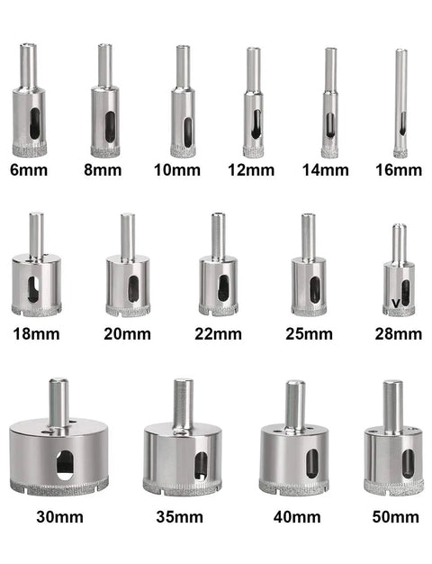 Diamond Hole Saw Kit 15 Piece Set For Glass Ceramic Tile Cutting Includes Coated Core Drill Bits Sizes 6 to 50mm