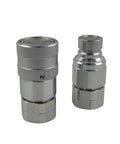 Two silver 1/2 in NPT hydraulic quick-connect couplers with flat-face design and dust caps