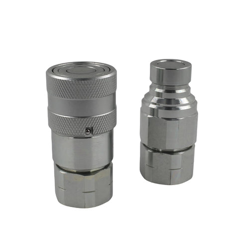Two silver 1/2 in NPT hydraulic quick-connect couplers with flat-face design and dust caps