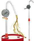 Rugged Aluminum Drum Pump Fits 5 To 55 Gallon Containers Delivers 8 GPM Flow With Smooth Rotary Hand Action Built Damn Tough For Zero Hassle Oil And Fuel Transfers Corrosion Proof Lightweight Frame Crushes Daily Garage Grind Effortlessly with oil flowing