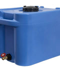 35 Gallon Blue Portable Stackable Water Storage Tank For Safe Drinking Water showing side view with spigot