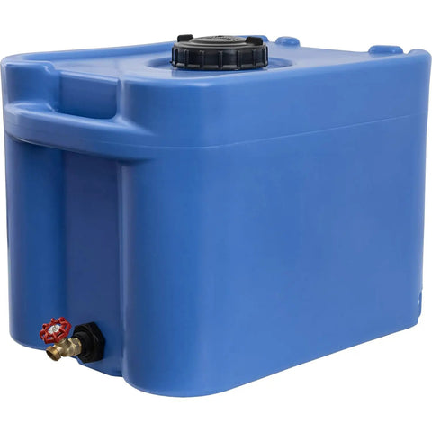 35 Gallon Blue Portable Stackable Water Storage Tank For Safe Drinking Water showing side view with spigot