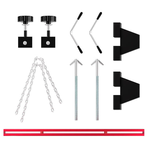 Engine Support Bar 1100 Lb Capacity With Dual Hooks And 2 Point Lift Transverse Engine Hoist For Home Garages And Auto Repair Shops Red Workhorse Tool For Engine Removal And Transmission Work., red steel beam with hooks, chains and support pads