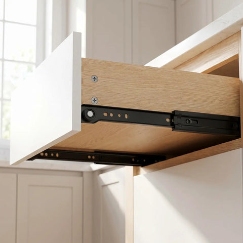 Beefy Undermount Drawer Slides Kit With Metal Rails And Back Mount Guides For Rock Solid Smooth Operation And Lasting Performance DIY Friendly Furniture Hardware That Installs Easy, black metal slides on wood drawer