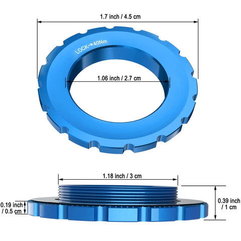 Centerlock Lockring For 12mm, 15mm, And 20mm Thru Axles And Quick Release, blue aluminum lock ring with dimensions