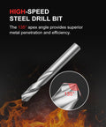 High-speed steel drill bit with 135° apex angle; side view with tip detail inset