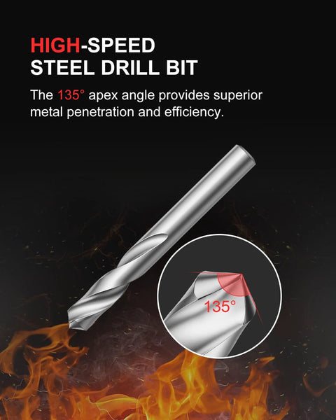 High-speed steel drill bit with 135° apex angle; side view with tip detail inset