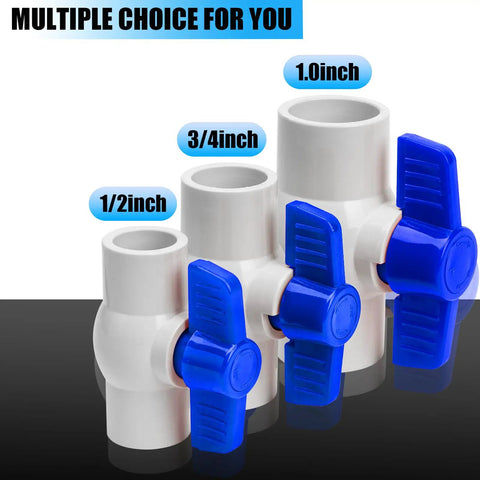 Various sizes of PVC ball valves with blue T handles, featuring Three Quarter Inch PVC Ball Valve With Slip Connection And Easy Turn Blue T Handle.