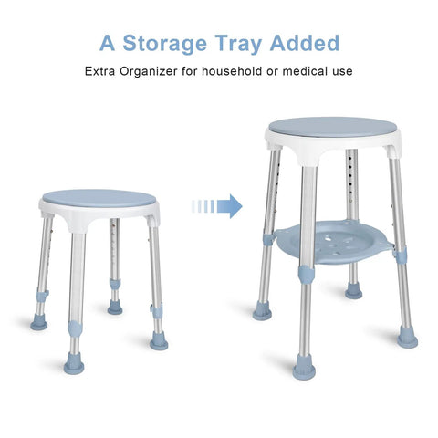 Shower Chair For Inside Shower With 360 Degree Rotation And Storage Tray No Fuss Tool Free Assembly shown with and without tray.