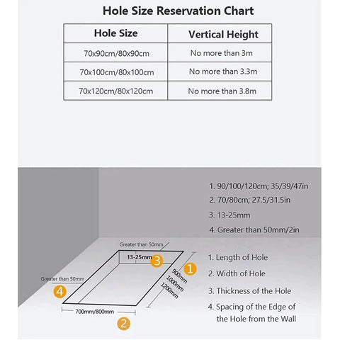Hole Size Reservation Chart with hole dimensions and vertical height specifications for Heavy Duty Electric Attic Ladder.