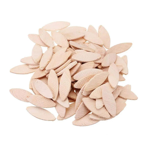 Hefty No 10 Compression Beech Joiner Biscuits stack, 75 sturdy pieces for cabinet builds and woodworking tasks.