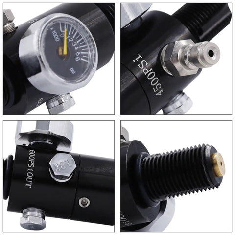 Close-up of Six Configurations 4500 PSI Paintball Air Tank Regulator Gauge with M18x1.5 output, showing details and gauge readings.