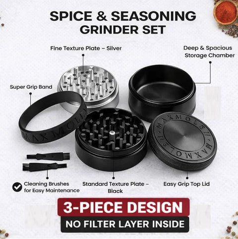 Amazon 3-inch spice grinder set with black body and silver dual grind plates, 3-piece design