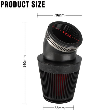 48mm Cone Air Filter For Dirt Bikes And ATVs Universal Fit, Boost Airflow For PWK And PE Carburetors, Fits Yamaha Honda Suzuki Kawasaki And More, Easy Install, Plug And Play Performance Upgrade For Pit Bikes Scooters Mopeds, showing size dimensions.