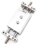 Straight Up Double Acting Pneumatic Cylinder With Dual Piston Rods And Slide Tab Mount For Precision Air Actuation In Bore Sizes From 10 To 25 Millimeters And Stroke Lengths Ranging Up To 125 Millimeters For Drop Dead Reliability On Any Job Site - close-up view of dual piston air cylinder with metal body and slide tab mount.
