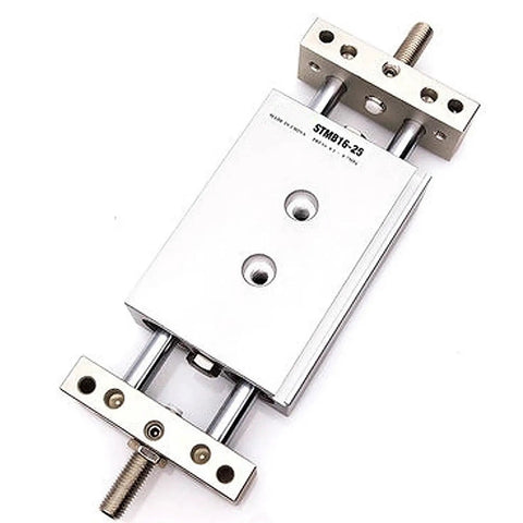 Straight Up Double Acting Pneumatic Cylinder With Dual Piston Rods And Slide Tab Mount For Precision Air Actuation In Bore Sizes From 10 To 25 Millimeters And Stroke Lengths Ranging Up To 125 Millimeters For Drop Dead Reliability On Any Job Site - close-up view of dual piston air cylinder with metal body and slide tab mount.