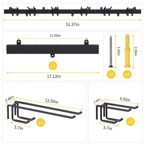 Detailed dimensions of Garage Tool Organizer Wall Mount Kit With Broom Holder And Shovel Hanger Heavy Duty Shelving Rack With Hanging Hooks
