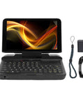Tough As Nails Rugged 6 Inch Industrial Laptop With N4120 Quad Core Processor RS232 Serial Port Gorilla Glass 4 Screen displayed with keyboard and charger.